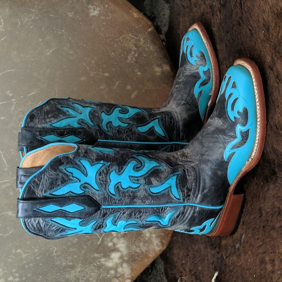 JOHNNY RINGO E1385 charcoal gray & turquoise wing tip boots square toe sz 6.5B - Picture 7 of 16